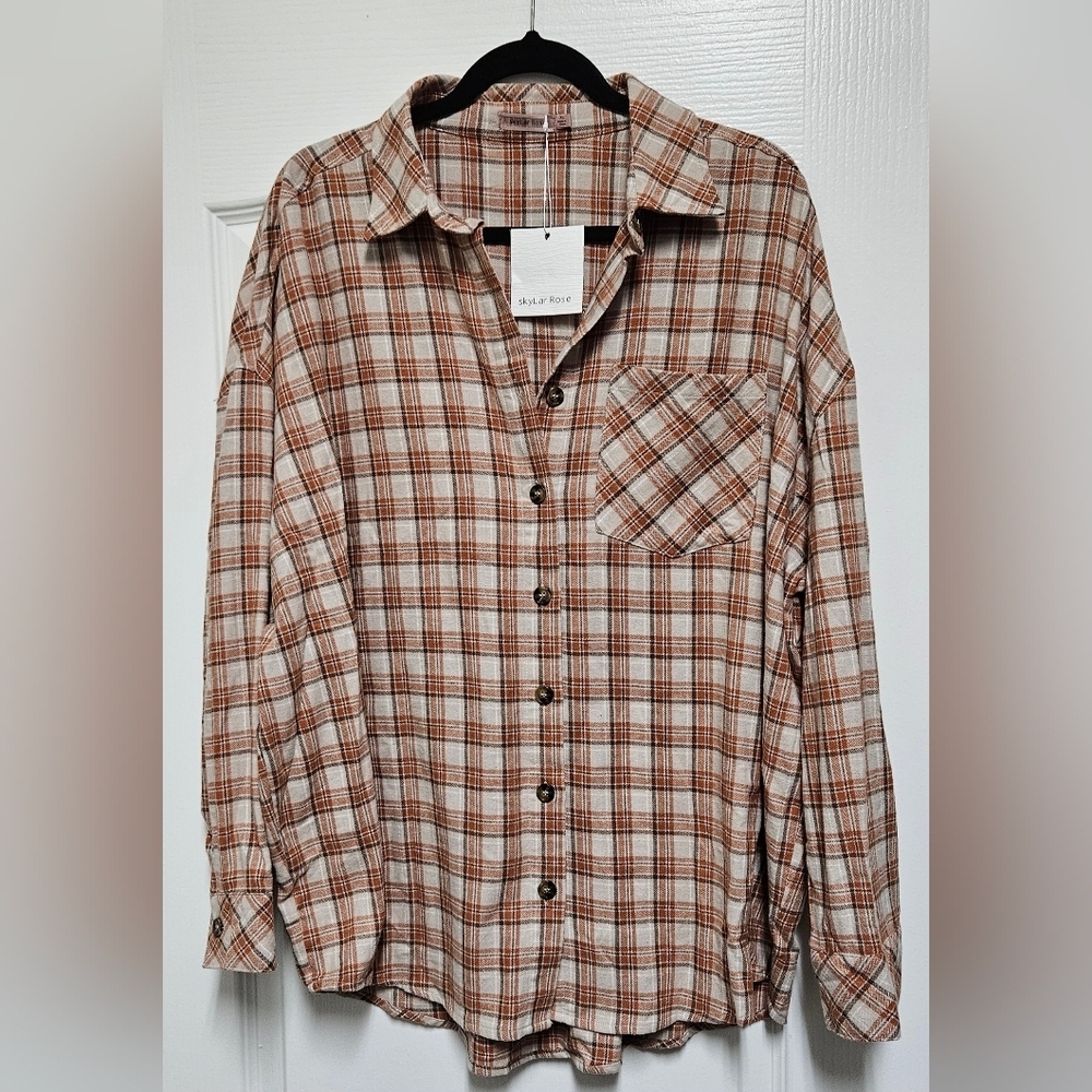 Skylar Rose NWT Plaid Button Down Flannel Shirt Neutral Brown Women’s XL